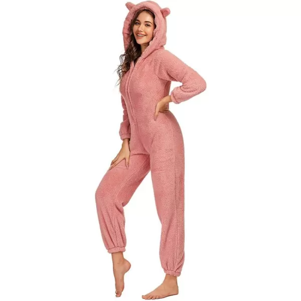 chouyatou Womens Ultra Comfy Lounge Furry Sherpa Romper Onesie Pajamas Cute Ear HoodPink