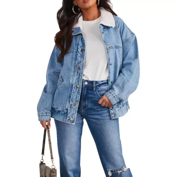 chouyatou Womens Warm Sherpa Collar Denim Jacket Faux Fur Collar Denim Coat Trucker JacketBlue