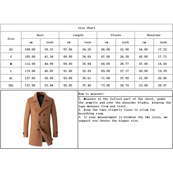 chouyatou Mens Classic Double Breasted Wool Blend Pea Coat Mid Long Trench CoatCamel