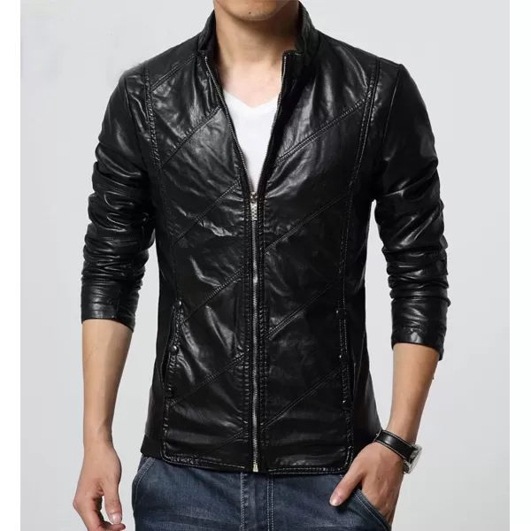 chouyatou Mens Cool Stylish Slim Fit Stand Collar Lightweight Bomber Faux Leather Jacket CoatBlack