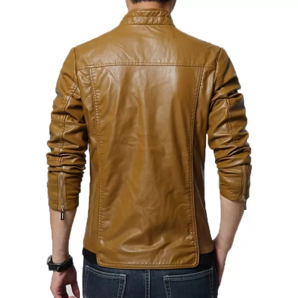 chouyatou Mens Cool Stylish Slim Fit Stand Collar Lightweight Bomber Faux Leather Jacket CoatKhaki