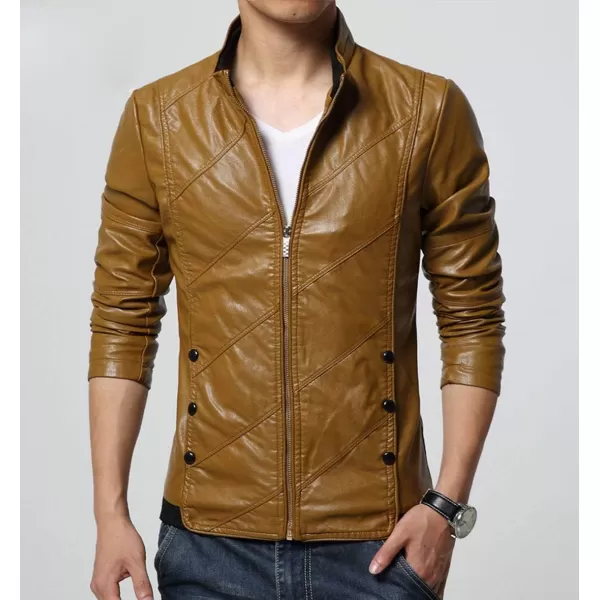 chouyatou Mens Cool Stylish Slim Fit Stand Collar Lightweight Bomber Faux Leather Jacket CoatKhaki