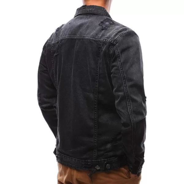 chouyatou Mens Distressed Button Front Casual Denim Jean Trucker JacketBlack