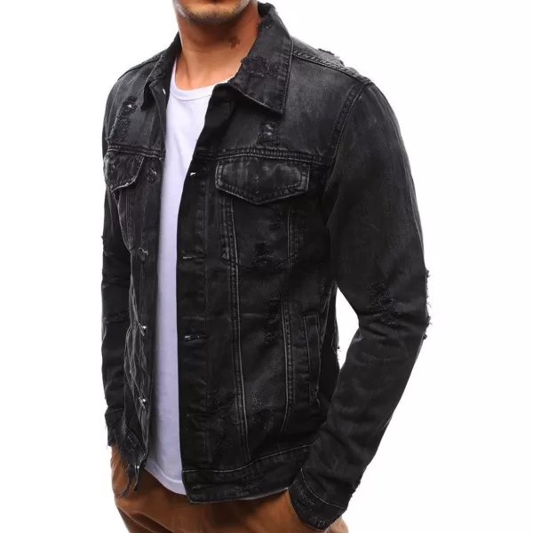 chouyatou Mens Distressed Button Front Casual Denim Jean Trucker JacketBlack