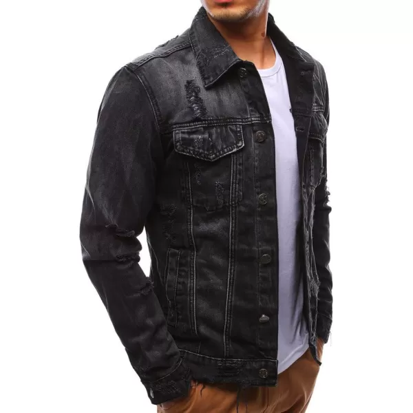 chouyatou Mens Distressed Button Front Casual Denim Jean Trucker JacketBlack