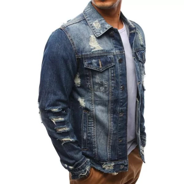 chouyatou Mens Distressed Button Front Casual Denim Jean Trucker JacketBlue