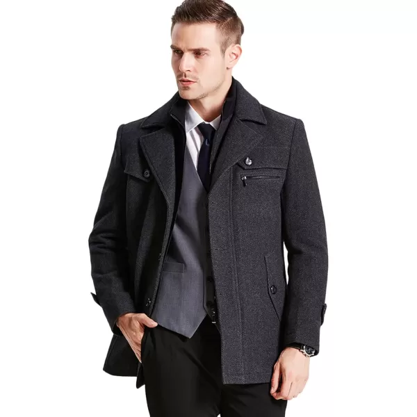chouyatou Mens Gentle Layered Collar Single Breasted Quilted Lined Wool Blend Pea CoatsBlack