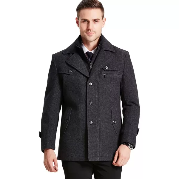 chouyatou Mens Gentle Layered Collar Single Breasted Quilted Lined Wool Blend Pea CoatsBlack