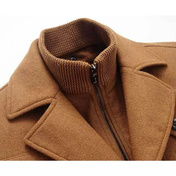 chouyatou Mens Gentle Layered Collar Single Breasted Quilted Lined Wool Blend Pea CoatsBrown