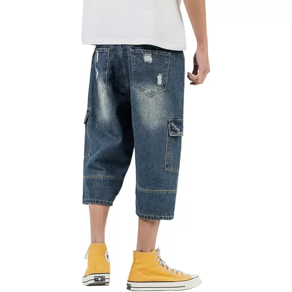 chouyatou Mens LooseFit Ripped Hole Harem Capri Jeans Baggy Denim Cargo ShortsDark Blue