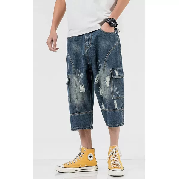 chouyatou Mens LooseFit Ripped Hole Harem Capri Jeans Baggy Denim Cargo ShortsDark Blue