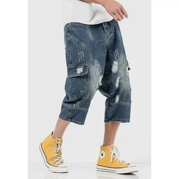 chouyatou Mens LooseFit Ripped Hole Harem Capri Jeans Baggy Denim Cargo ShortsDark Blue