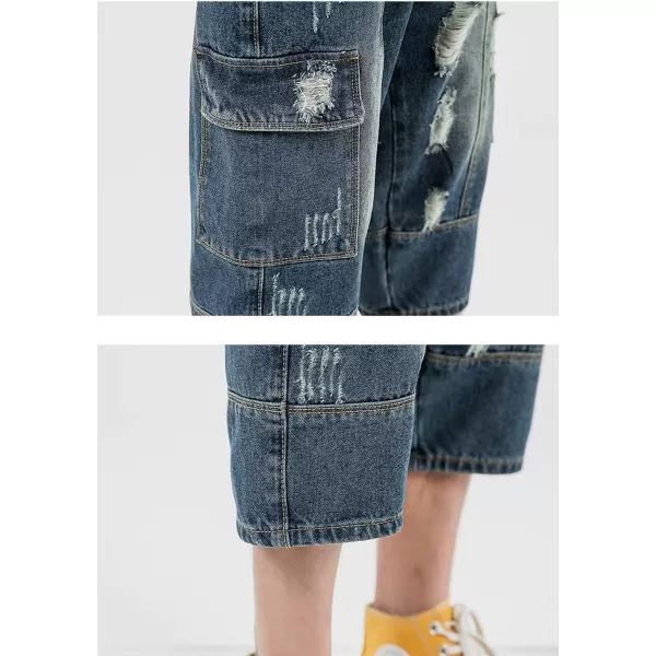 chouyatou Mens LooseFit Ripped Hole Harem Capri Jeans Baggy Denim Cargo ShortsDark Blue