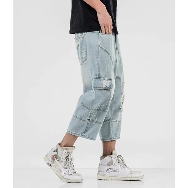 chouyatou Mens LooseFit Ripped Hole Harem Capri Jeans Baggy Denim Cargo ShortsLight Blue