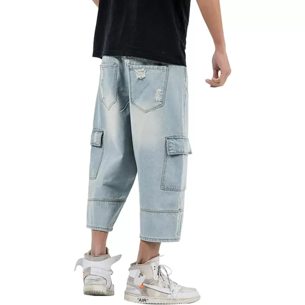 chouyatou Mens LooseFit Ripped Hole Harem Capri Jeans Baggy Denim Cargo ShortsLight Blue