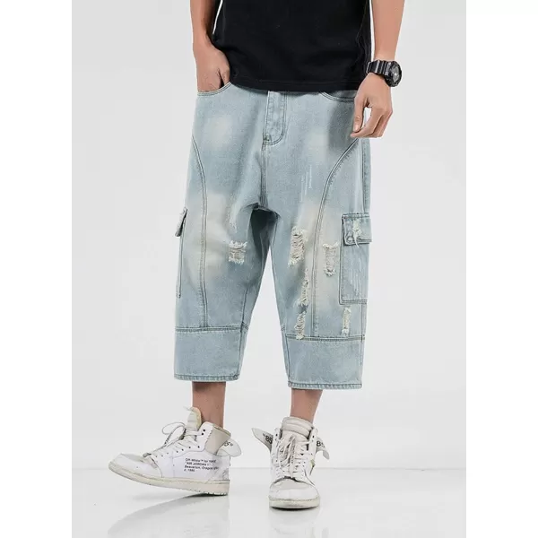 chouyatou Mens LooseFit Ripped Hole Harem Capri Jeans Baggy Denim Cargo ShortsLight Blue
