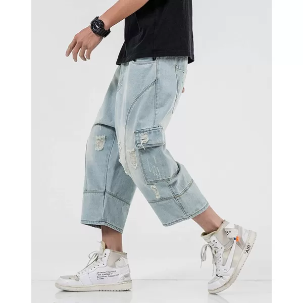 chouyatou Mens LooseFit Ripped Hole Harem Capri Jeans Baggy Denim Cargo ShortsLight Blue