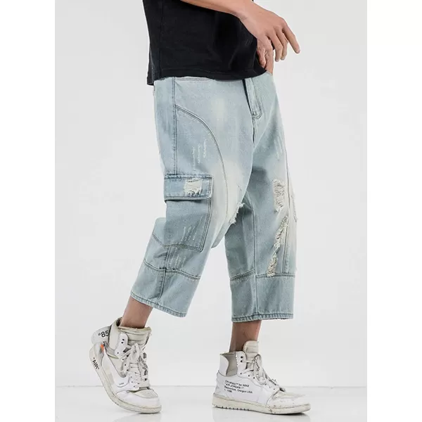 chouyatou Mens LooseFit Ripped Hole Harem Capri Jeans Baggy Denim Cargo ShortsLight Blue