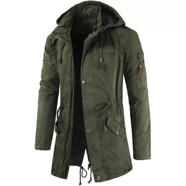 chouyatou Mens Spring Military FullZip Removable Hooded Cotton MidLong Parka Jacket CoatArmy Green