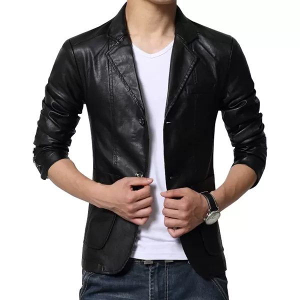 chouyatou Mens Stylish 2 Button Faux Leather Suit Blazer Jacket Sport CoatBlack