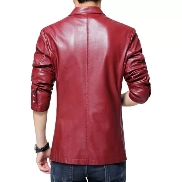 chouyatou Mens Stylish 2 Button Faux Leather Suit Blazer Jacket Sport CoatRed