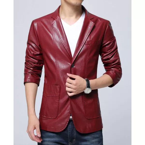 chouyatou Mens Stylish 2 Button Faux Leather Suit Blazer Jacket Sport CoatRed