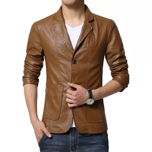 chouyatou Mens Stylish 2 Button Faux Leather Suit Blazer Jacket Sport CoatTan