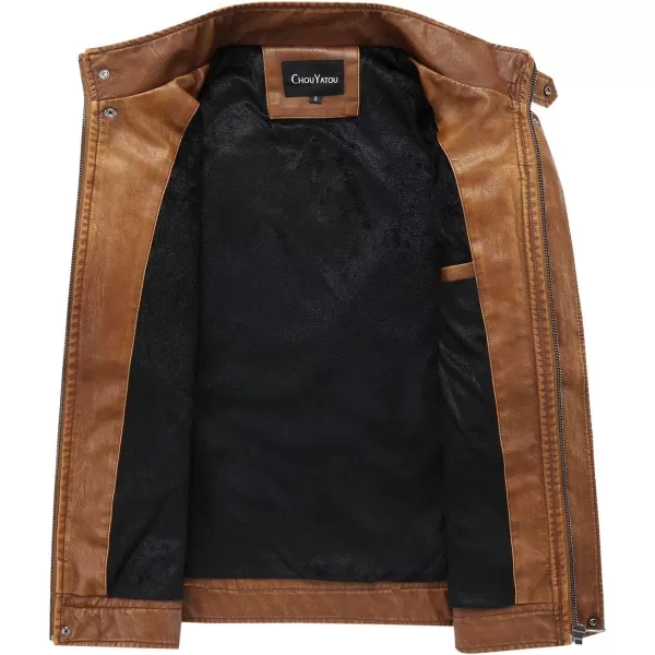 chouyatou Mens Vintage Stand Collar Pu Leather Jacket15brown