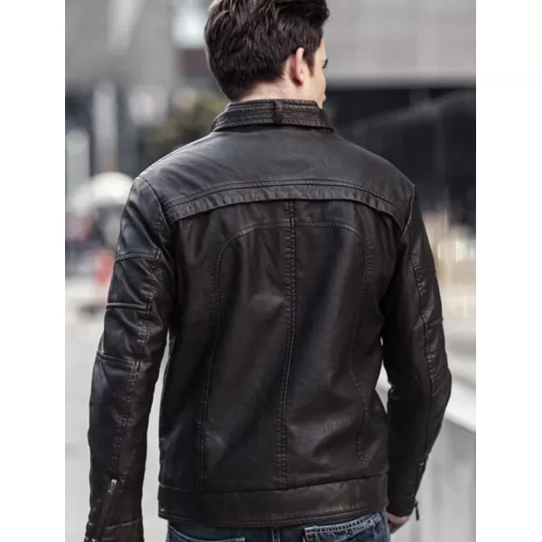 chouyatou Mens Vintage Stand Collar Pu Leather JacketBlack