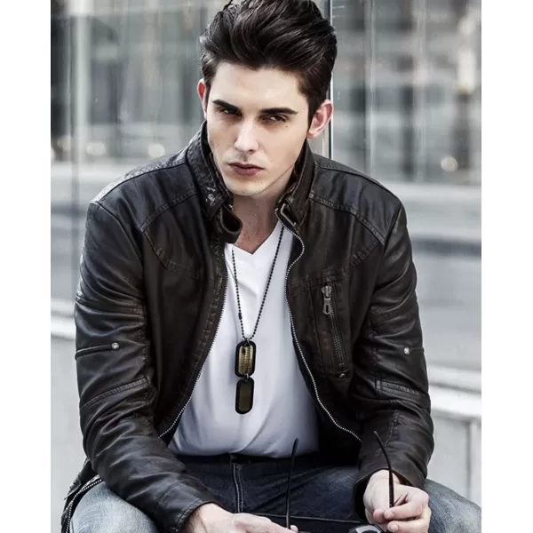 chouyatou Mens Vintage Stand Collar Pu Leather JacketBlack