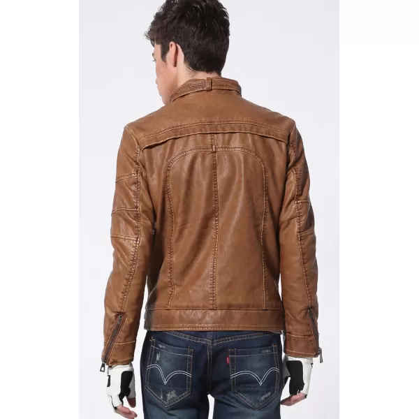 chouyatou Mens Vintage Stand Collar Pu Leather JacketBrown