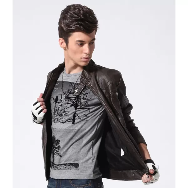 chouyatou Mens Vintage Stand Collar Pu Leather JacketDzqm769coffee