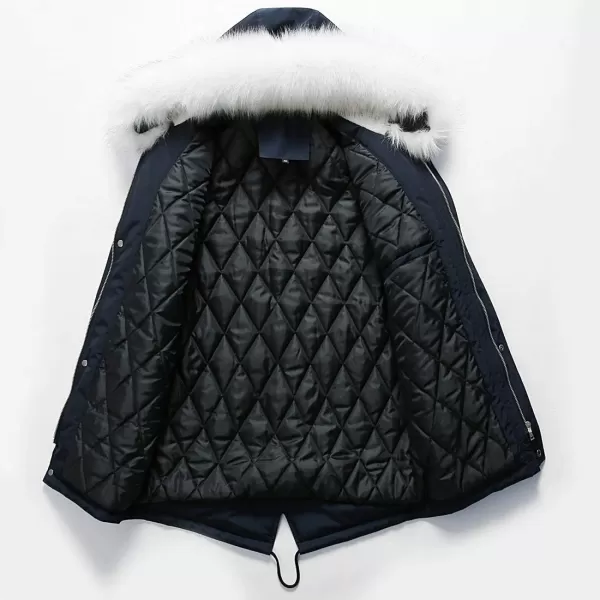 chouyatou Mens Winter Warm Faux Leather Spliced Padded Long Down Alternative Parka Coat Fur HoodD Blue