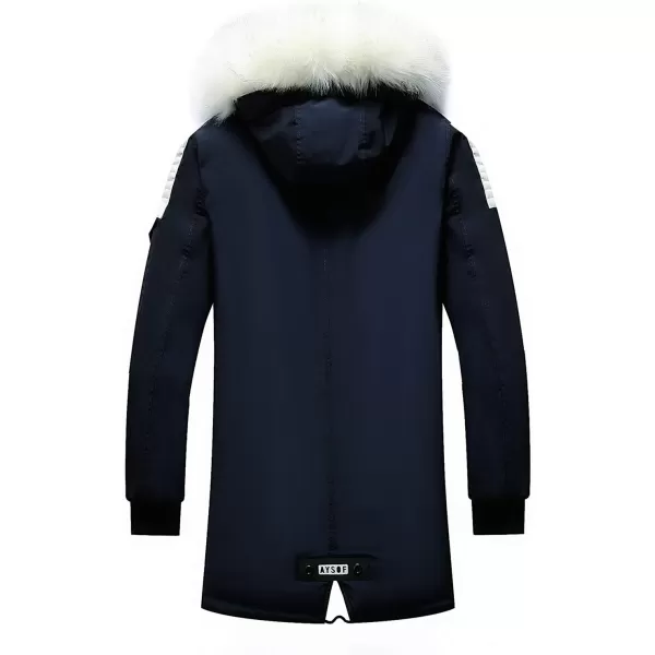 chouyatou Mens Winter Warm Faux Leather Spliced Padded Long Down Alternative Parka Coat Fur HoodD Blue