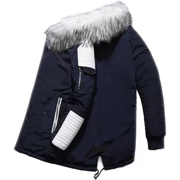 chouyatou Mens Winter Warm Faux Leather Spliced Padded Long Down Alternative Parka Coat Fur HoodNavy Blue