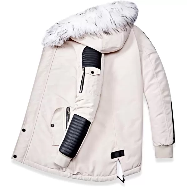 chouyatou Mens Winter Warm Faux Leather Spliced Padded Long Down Alternative Parka Coat Fur HoodOffwhite