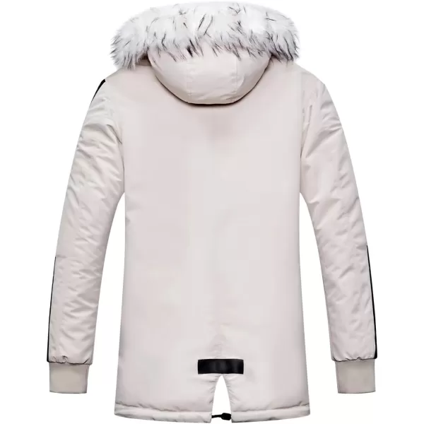 chouyatou Mens Winter Warm Faux Leather Spliced Padded Long Down Alternative Parka Coat Fur HoodOffwhite