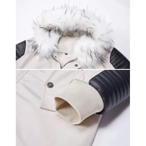 chouyatou Mens Winter Warm Faux Leather Spliced Padded Long Down Alternative Parka Coat Fur HoodOffwhite