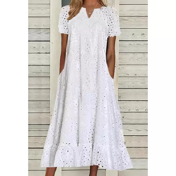 chouyatou Women Summer Ruffle Hem Floral Lace Eyelet Dress Casual Notch Neck Midi Tunic Dress with PocketWhite