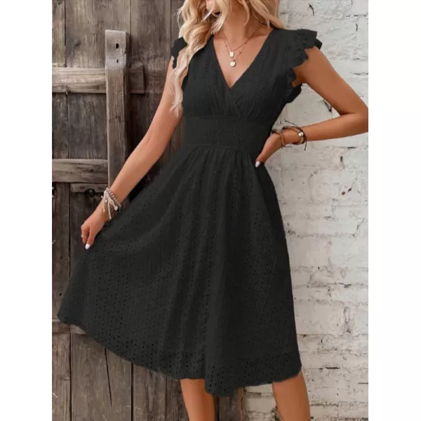 chouyatou Womens 2024 Eyelet Lace Embroidery Smocked Waist Party Dress Sexy Flutter Sleeve A Line Midi Long Sun DressBlack