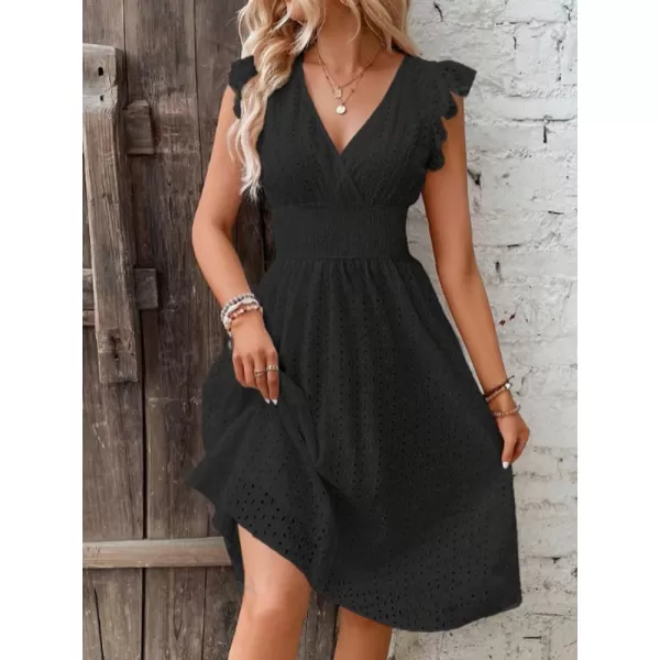 chouyatou Womens 2024 Eyelet Lace Embroidery Smocked Waist Party Dress Sexy Flutter Sleeve A Line Midi Long Sun DressBlack