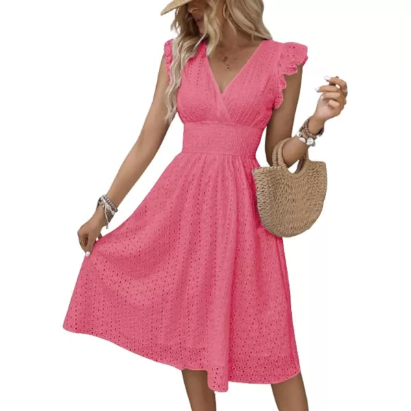chouyatou Womens 2024 Eyelet Lace Embroidery Smocked Waist Party Dress Sexy Flutter Sleeve A Line Midi Long Sun DressDark Pink