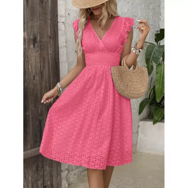 chouyatou Womens 2024 Eyelet Lace Embroidery Smocked Waist Party Dress Sexy Flutter Sleeve A Line Midi Long Sun DressDark Pink