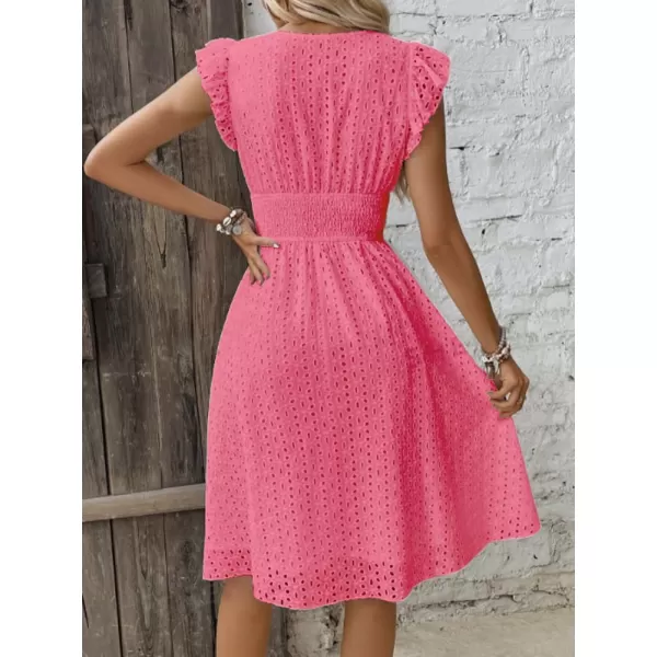 chouyatou Womens 2024 Eyelet Lace Embroidery Smocked Waist Party Dress Sexy Flutter Sleeve A Line Midi Long Sun DressDark Pink