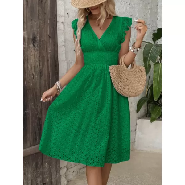 chouyatou Womens 2024 Eyelet Lace Embroidery Smocked Waist Party Dress Sexy Flutter Sleeve A Line Midi Long Sun DressGreen
