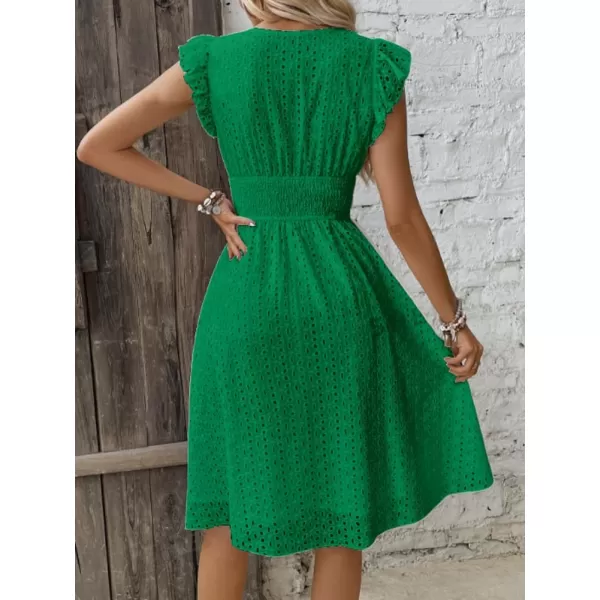 chouyatou Womens 2024 Eyelet Lace Embroidery Smocked Waist Party Dress Sexy Flutter Sleeve A Line Midi Long Sun DressGreen