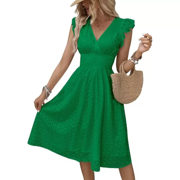 chouyatou Womens 2024 Eyelet Lace Embroidery Smocked Waist Party Dress Sexy Flutter Sleeve A Line Midi Long Sun DressGreen