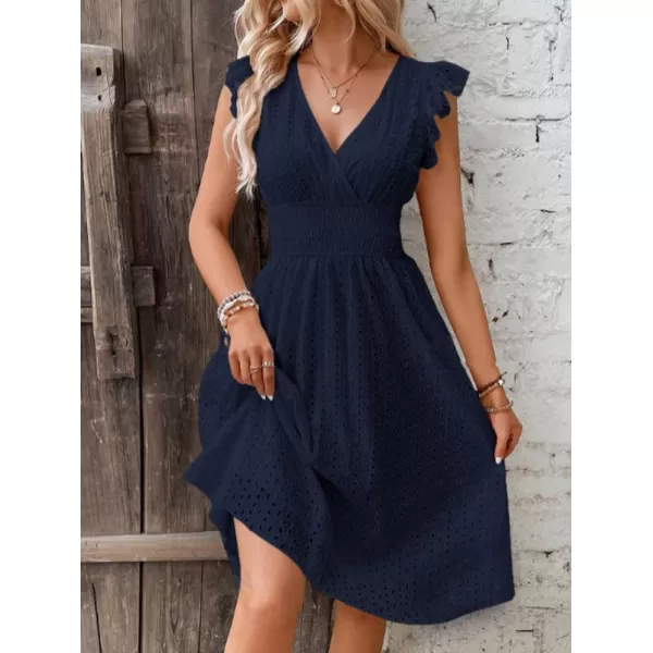 chouyatou Womens 2024 Eyelet Lace Embroidery Smocked Waist Party Dress Sexy Flutter Sleeve A Line Midi Long Sun DressNavy