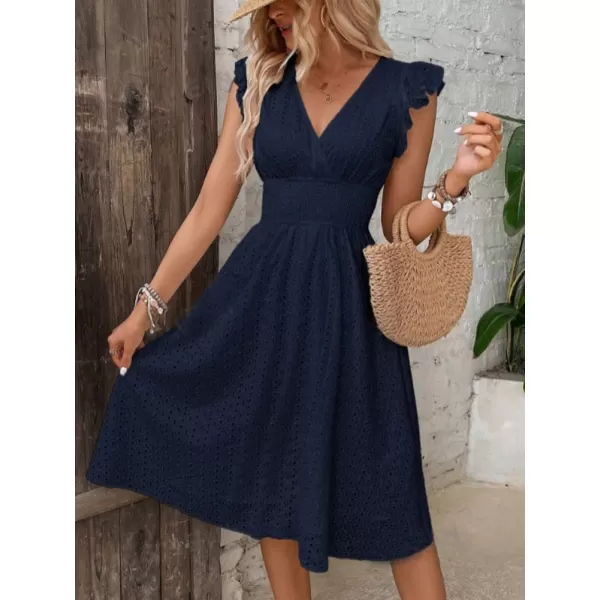 chouyatou Womens 2024 Eyelet Lace Embroidery Smocked Waist Party Dress Sexy Flutter Sleeve A Line Midi Long Sun DressNavy