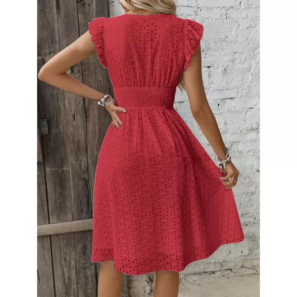 chouyatou Womens 2024 Eyelet Lace Embroidery Smocked Waist Party Dress Sexy Flutter Sleeve A Line Midi Long Sun DressRed